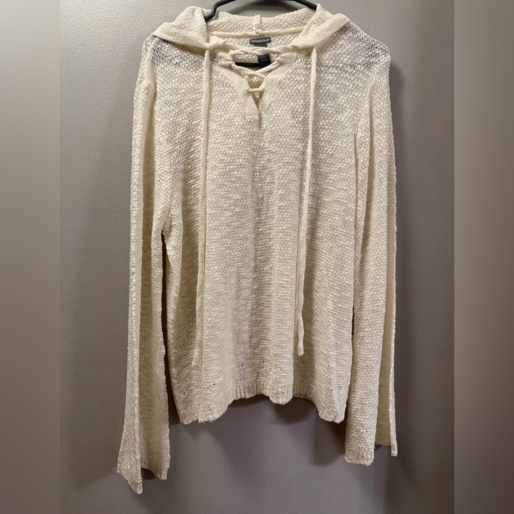Charlotte Russe Y2K Cream Knit Lightweight Lace-up Hooded Sweater